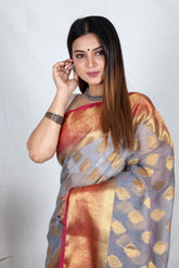 Grey Zari Work Soft Organza Saree